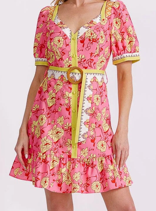 WOMEN'S SHORT PUFF SLEEVE BUTTON UP BELTED FLORAL MINI DRESS