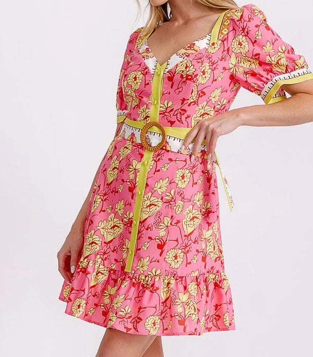 WOMEN'S SHORT PUFF SLEEVE BUTTON UP BELTED FLORAL MINI DRESS