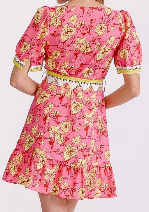 WOMEN'S SHORT PUFF SLEEVE BUTTON UP BELTED FLORAL MINI DRESS