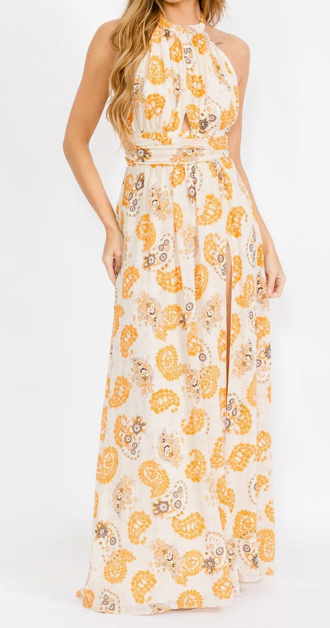 WOMEN'S SLEEVELESS HALTER NECK OPEN BACK FRONT SLIT FLORAL MAXI DRESS