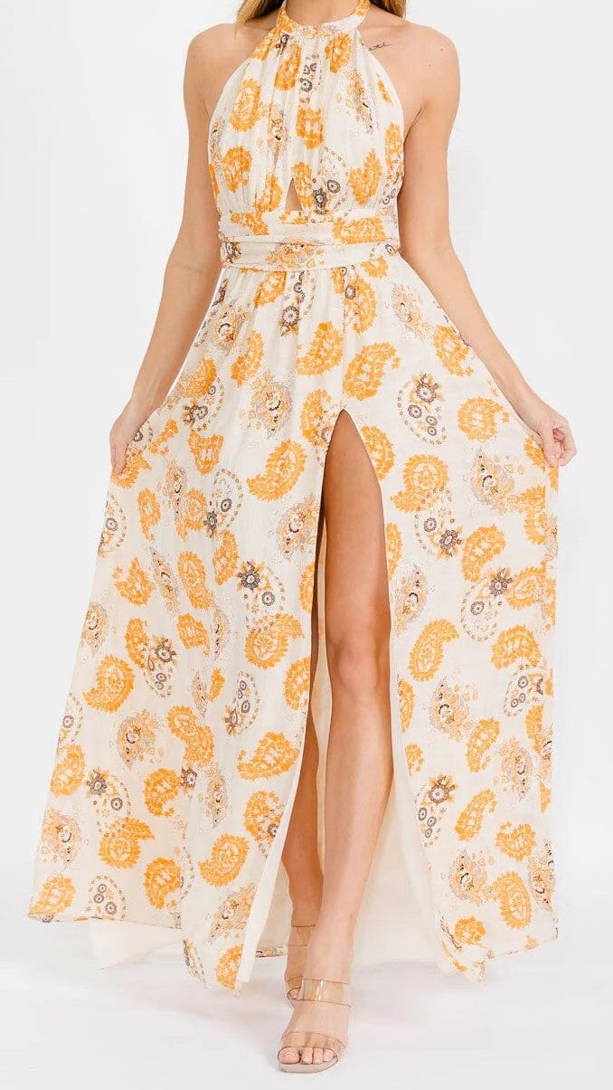 WOMEN'S SLEEVELESS HALTER NECK OPEN BACK FRONT SLIT FLORAL MAXI DRESS