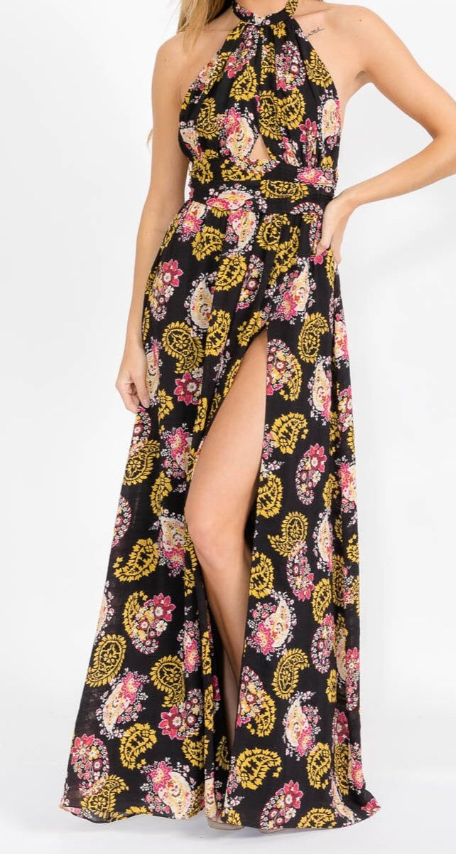 WOMEN'S SLEEVELESS HALTER NECK OPEN BACK FRONT SLIT FLORAL MAXI DRESS