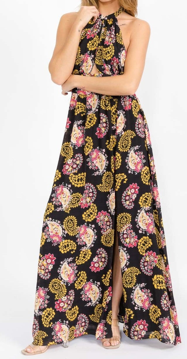 WOMEN'S SLEEVELESS HALTER NECK OPEN BACK FRONT SLIT FLORAL MAXI DRESS