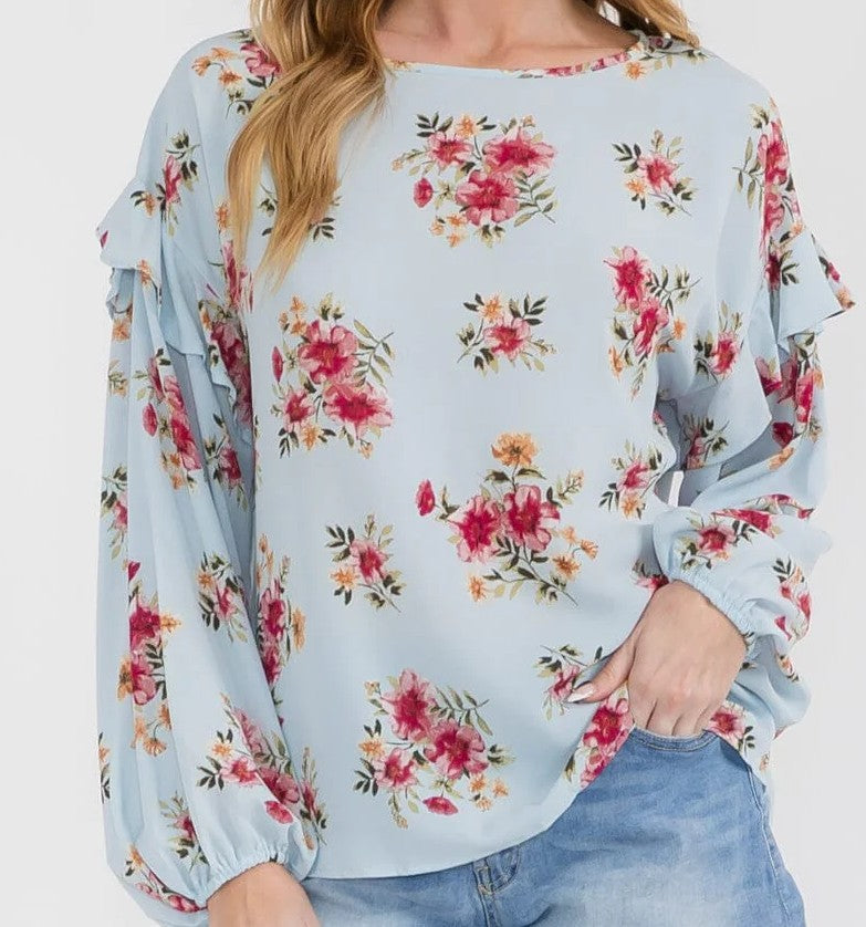 WOMEN'S LONG SLEEVE RUFFLE FLORAL TUNIC BLOUSE