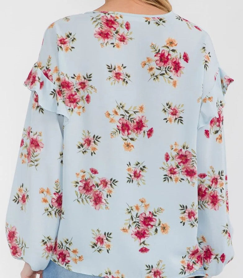 WOMEN'S LONG SLEEVE RUFFLE FLORAL TUNIC BLOUSE