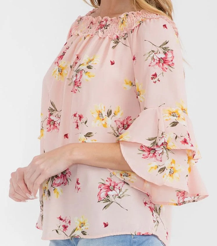 WOMEN'S 3/4 BELL SLEEVE TUNIC FLORAL BLOUSE