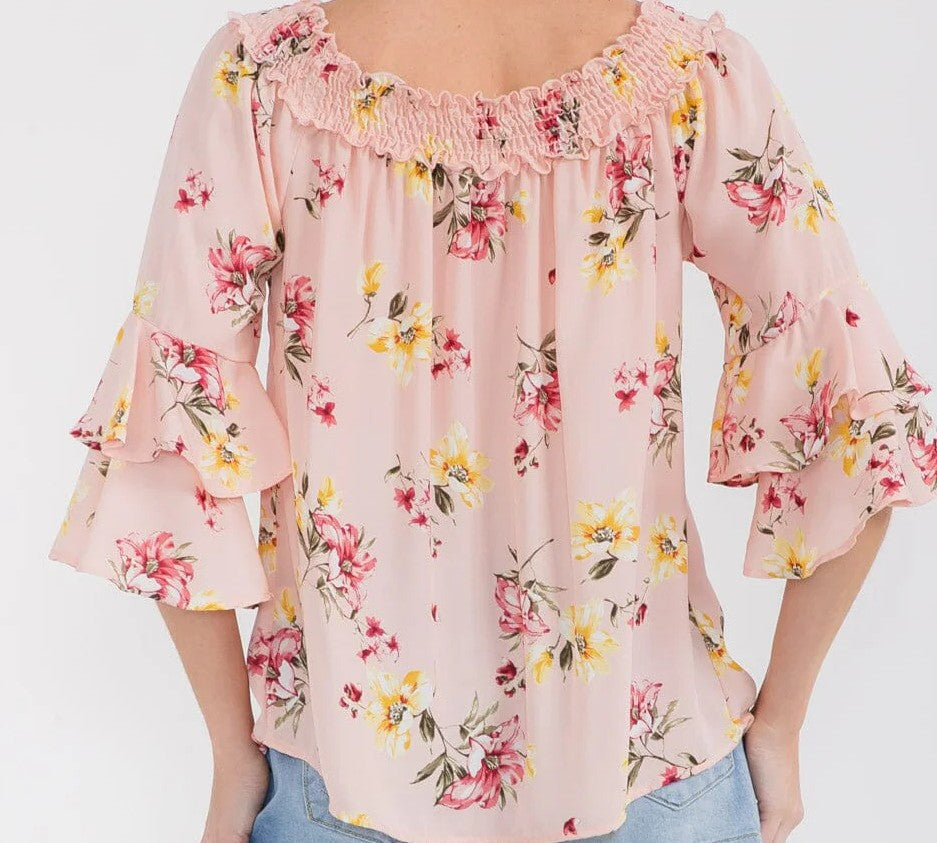 WOMEN'S 3/4 BELL SLEEVE TUNIC FLORAL BLOUSE