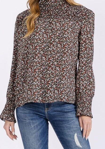 WOMEN'S LONG SLEEVE MOCK NECK FLORAL BLOUSE