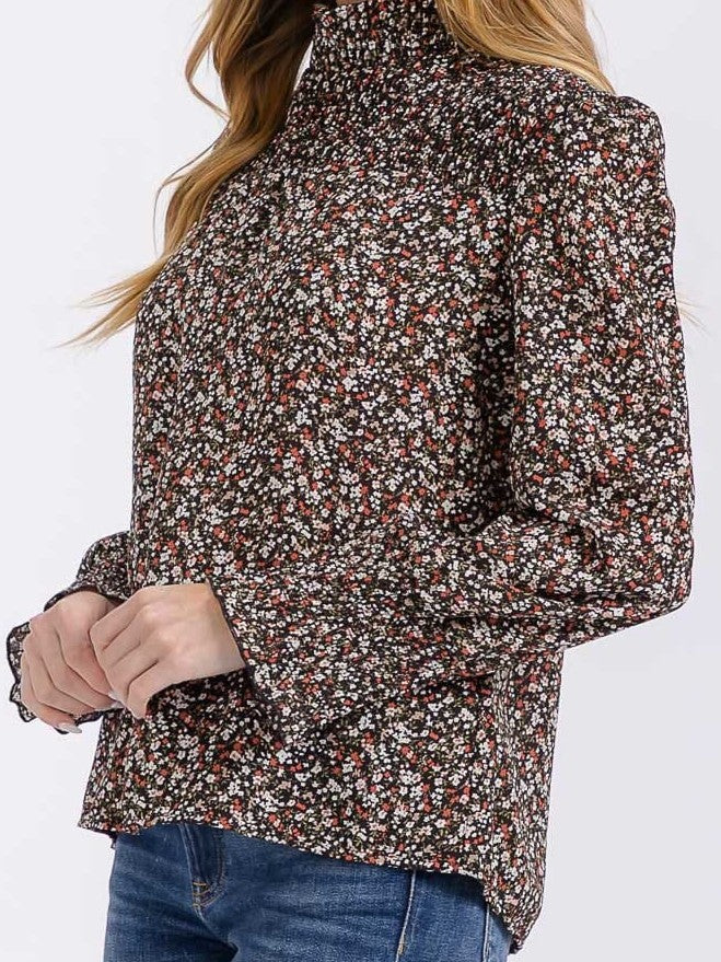 WOMEN'S LONG SLEEVE MOCK NECK FLORAL BLOUSE