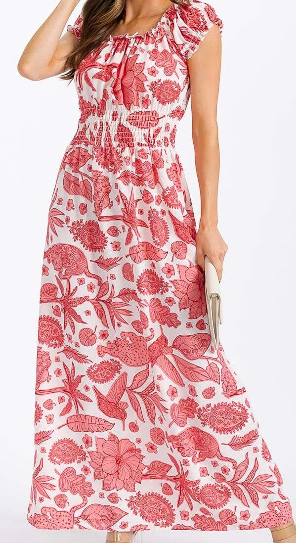 WOMEN'S SHORT SLEEVE SMOCK WAIST FLORAL MAXI DRESS