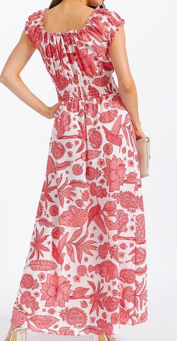 WOMEN'S SHORT SLEEVE SMOCK WAIST FLORAL MAXI DRESS
