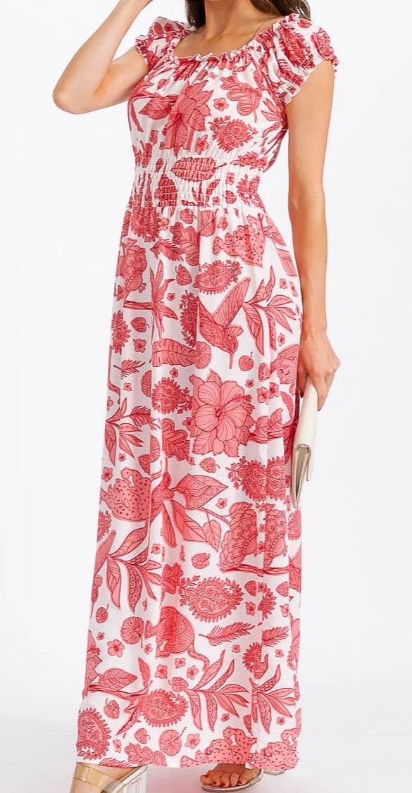 WOMEN'S SHORT SLEEVE SMOCK WAIST FLORAL MAXI DRESS