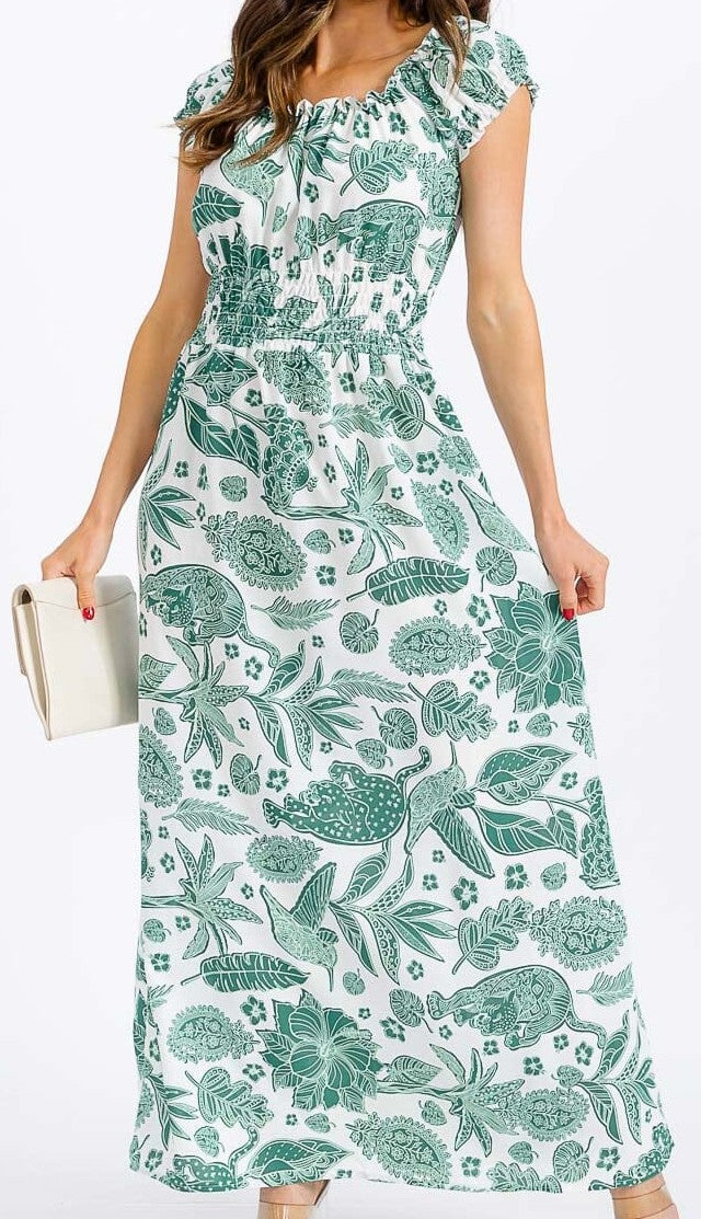 WOMEN'S SHORT SLEEVE SMOCK WAIST FLORAL MAXI DRESS