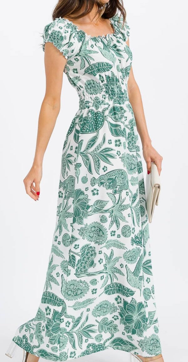 WOMEN'S SHORT SLEEVE SMOCK WAIST FLORAL MAXI DRESS