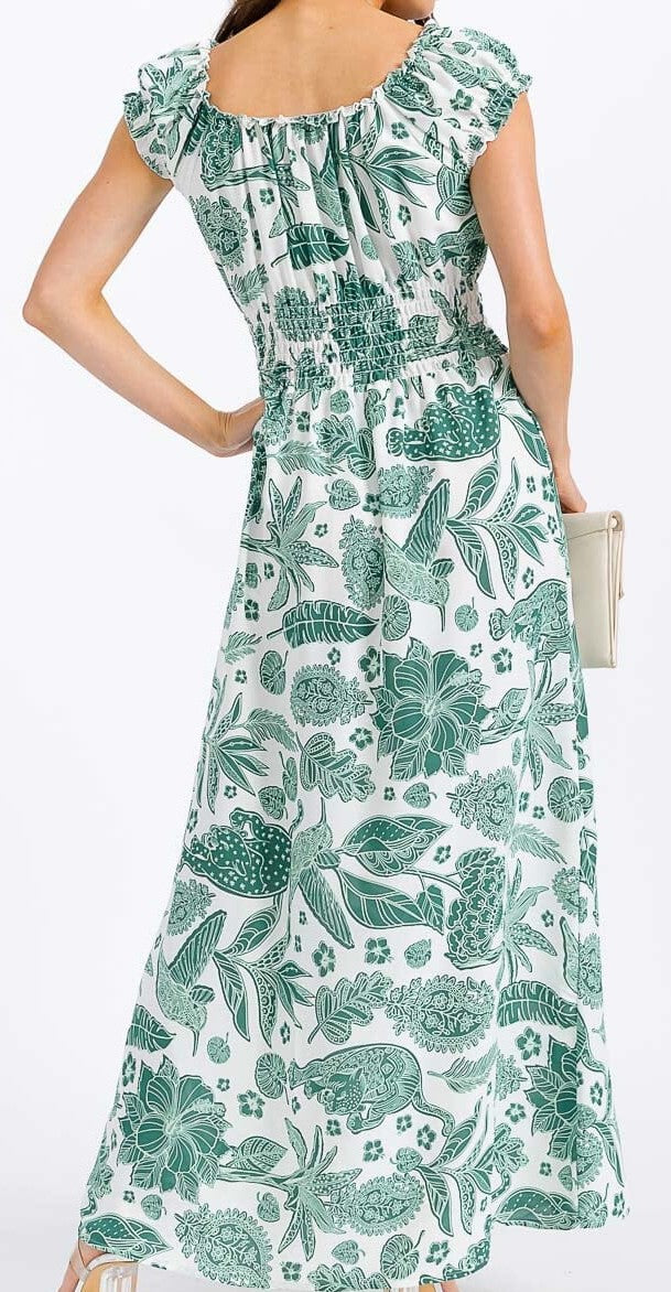 WOMEN'S SHORT SLEEVE SMOCK WAIST FLORAL MAXI DRESS