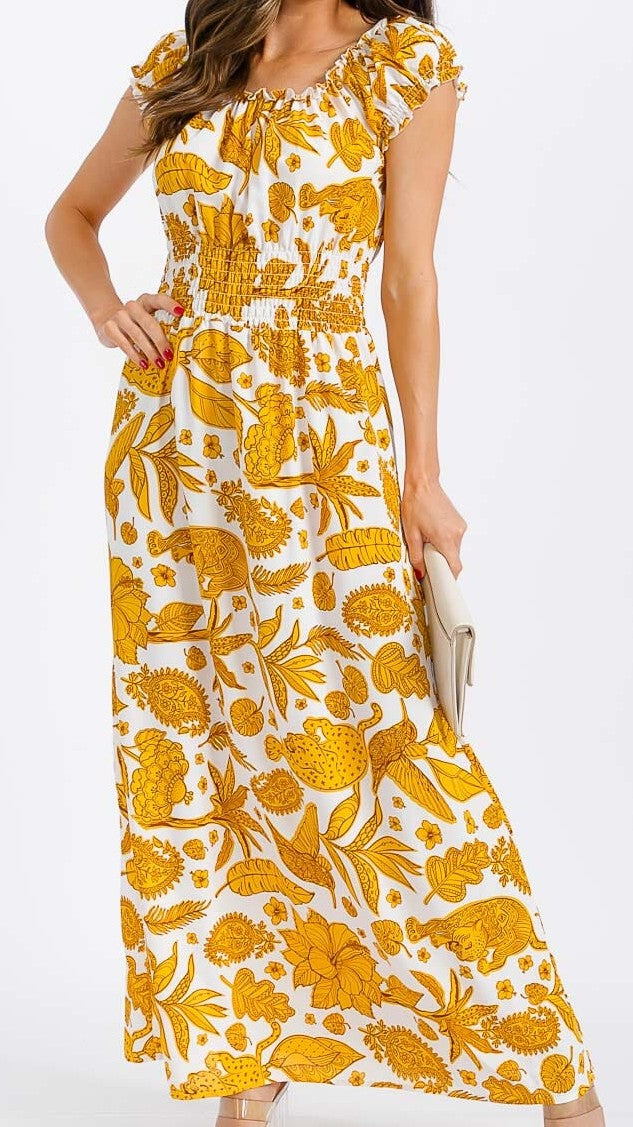 WOMEN'S SHORT SLEEVE SMOCK WAIST FLORAL MAXI DRESS