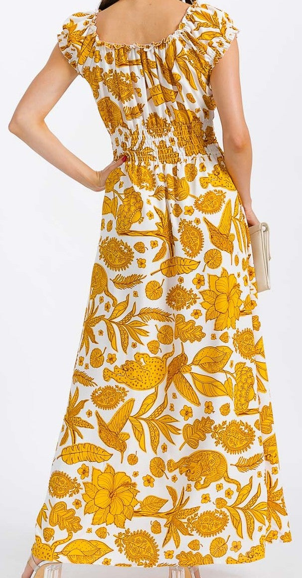 WOMEN'S SHORT SLEEVE SMOCK WAIST FLORAL MAXI DRESS