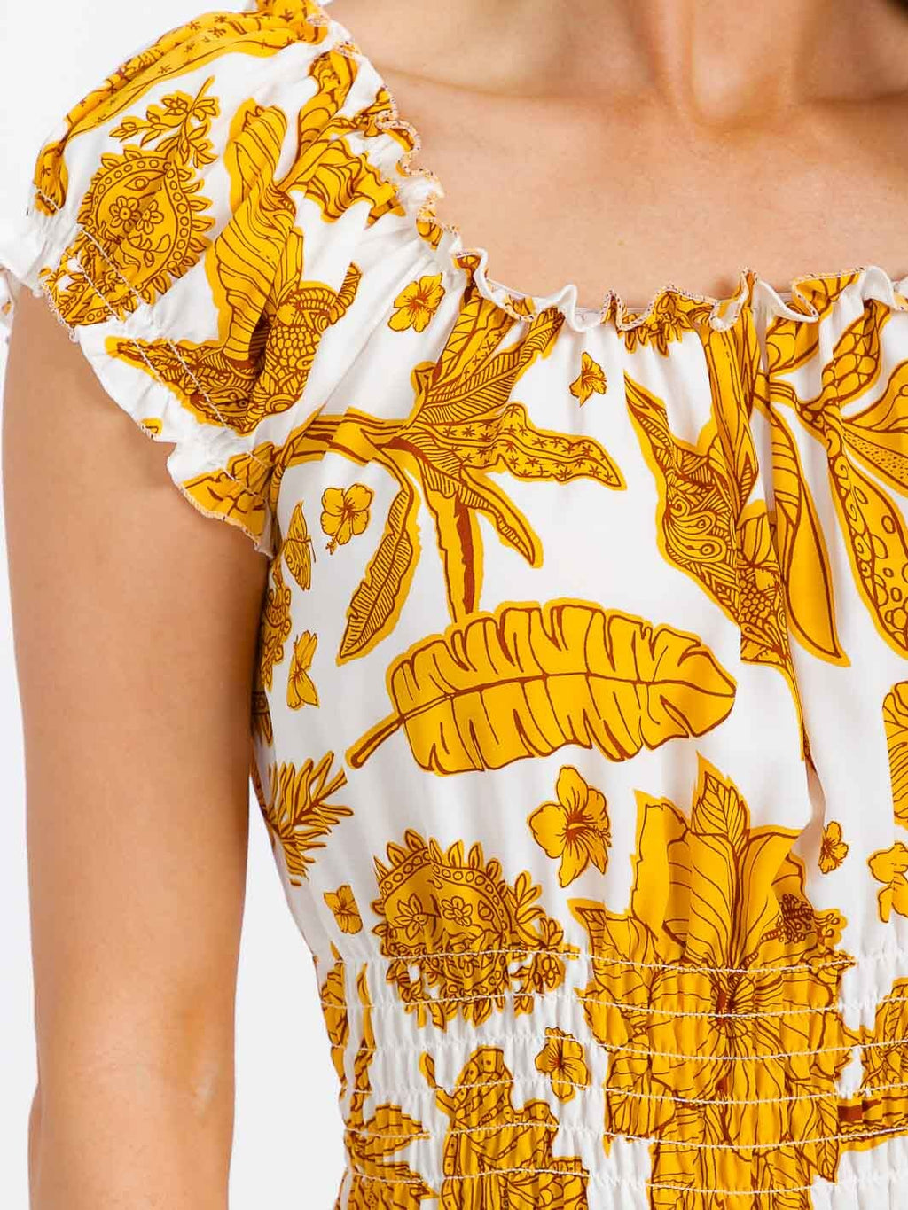 WOMEN'S SHORT SLEEVE SMOCK WAIST FLORAL MAXI DRESS