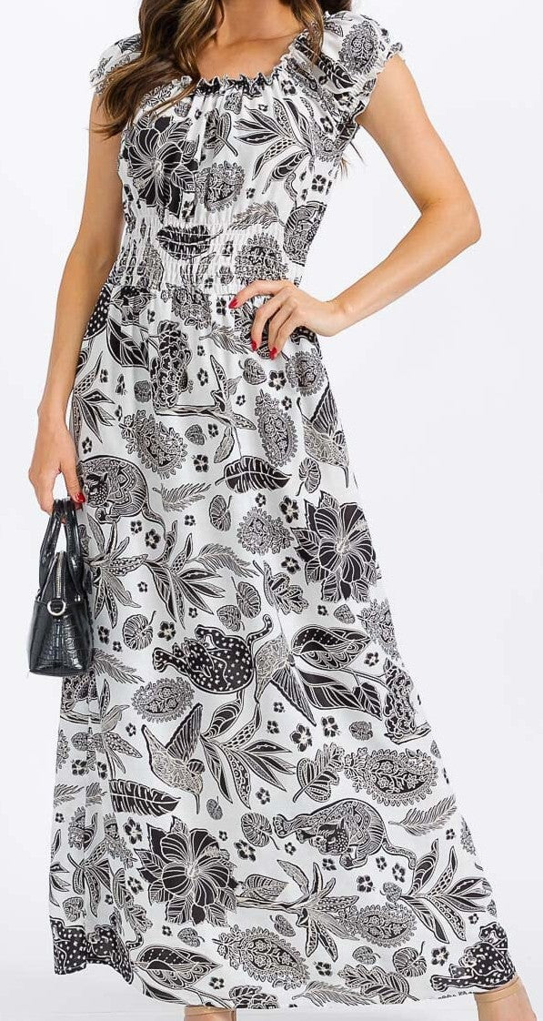 WOMEN'S SHORT SLEEVE SMOCK WAIST FLORAL MAXI DRESS