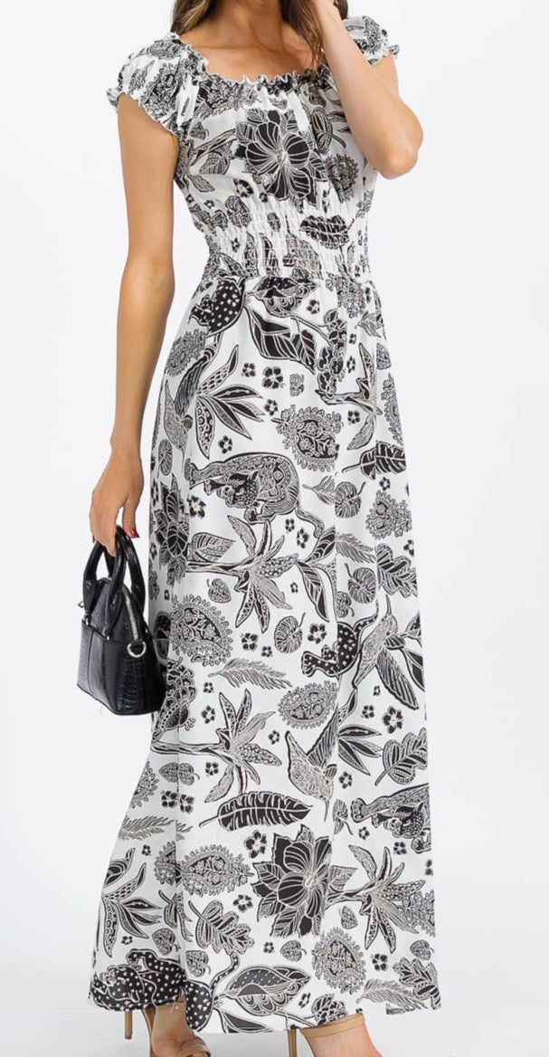 WOMEN'S SHORT SLEEVE SMOCK WAIST FLORAL MAXI DRESS