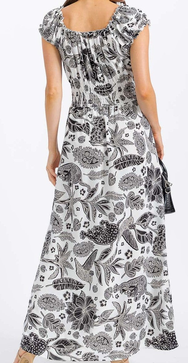 WOMEN'S SHORT SLEEVE SMOCK WAIST FLORAL MAXI DRESS