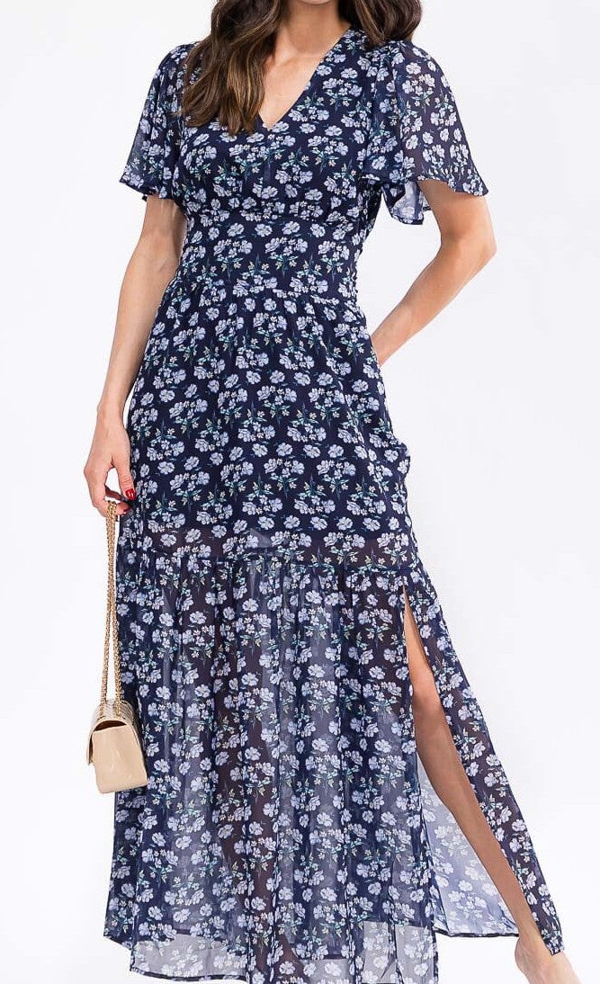 WOMEN'S SHORT SLEEVE V-NECK SELF TIE FLORAL PRINT MAXI DRESS