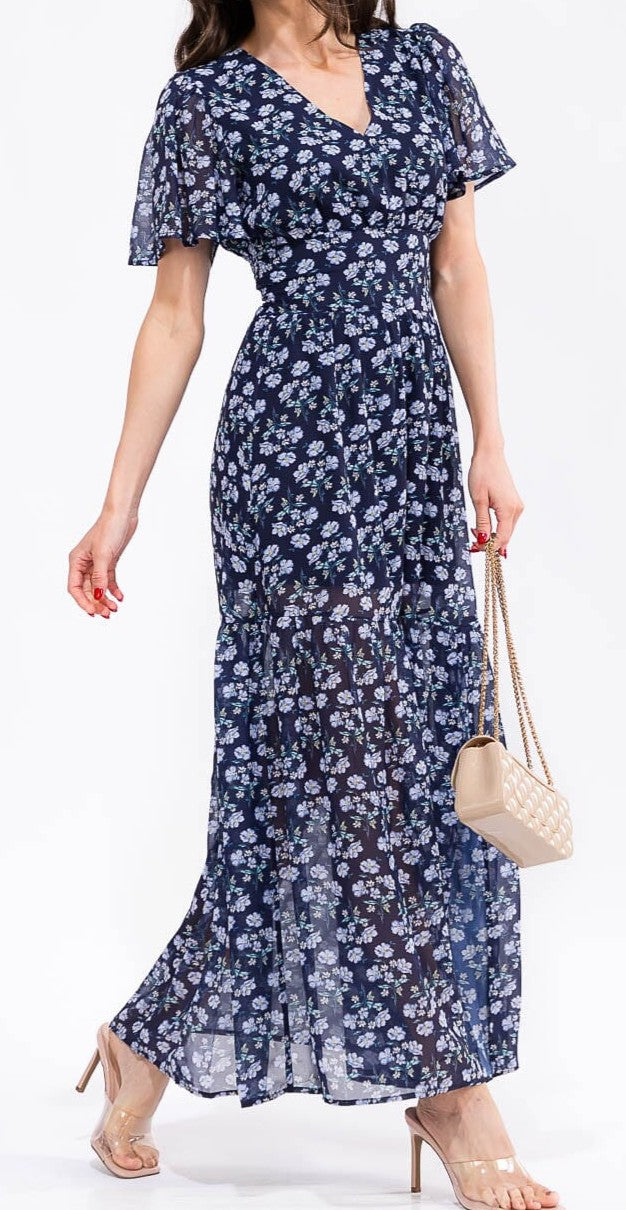 WOMEN'S SHORT SLEEVE V-NECK SELF TIE FLORAL PRINT MAXI DRESS