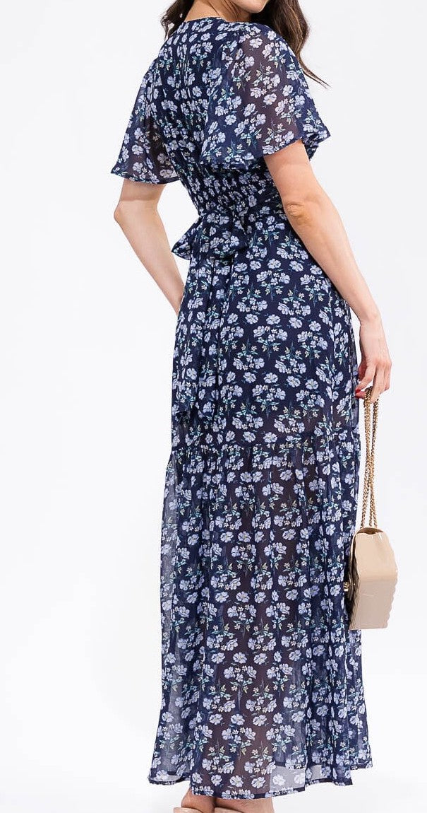 WOMEN'S SHORT SLEEVE V-NECK SELF TIE FLORAL PRINT MAXI DRESS