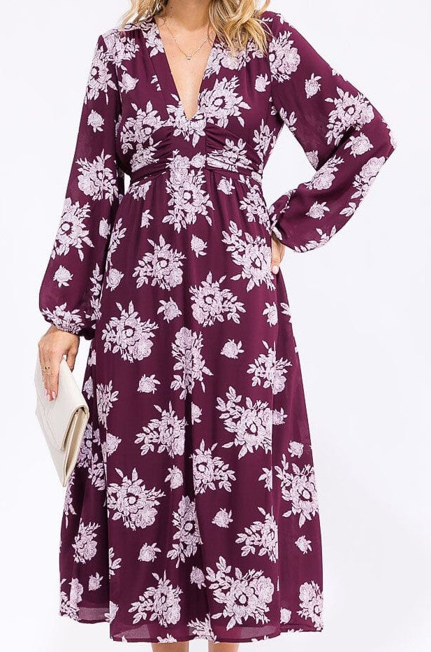 WOMEN'S LONG SLEEVE V-NECK SELF TIE FLORAL MAXI DRESS