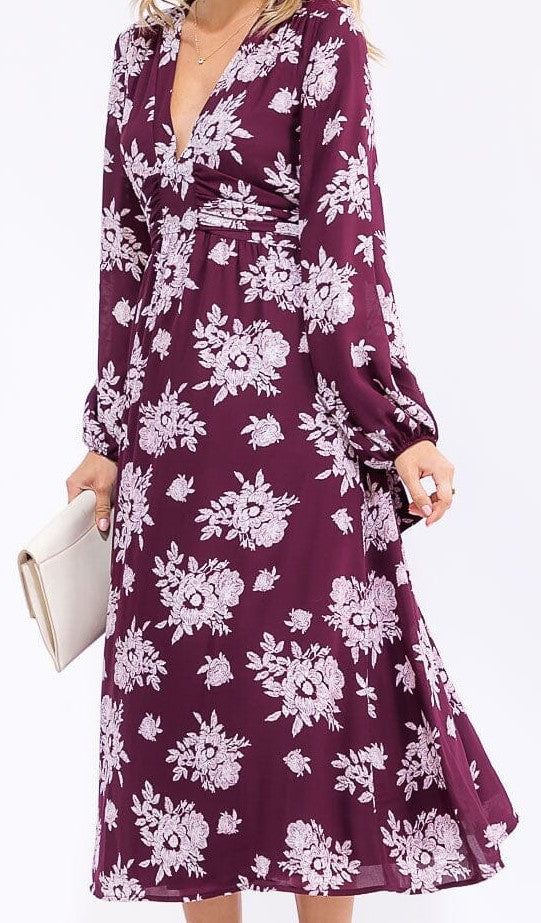WOMEN'S LONG SLEEVE V-NECK SELF TIE FLORAL MAXI DRESS