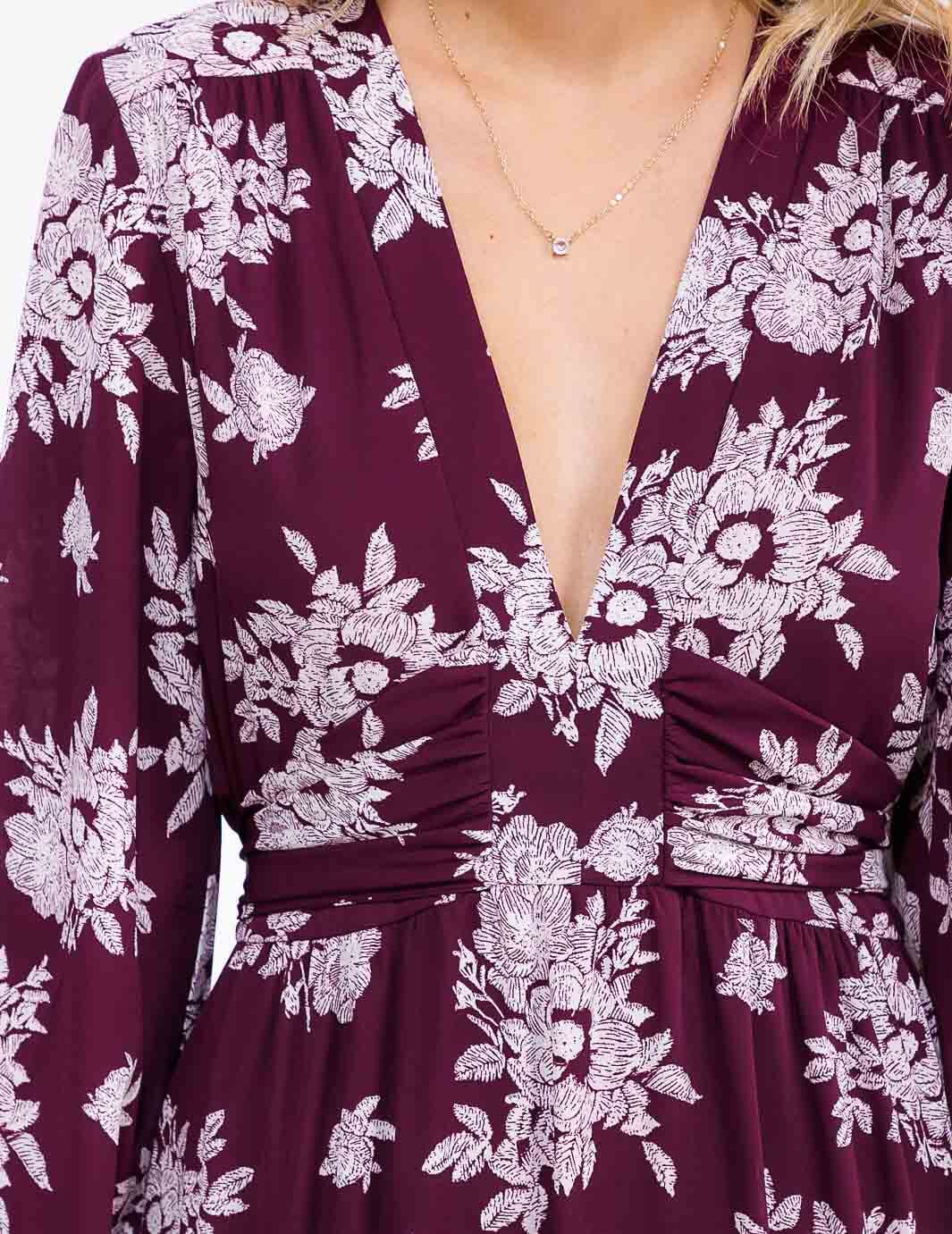 WOMEN'S LONG SLEEVE V-NECK SELF TIE FLORAL MAXI DRESS