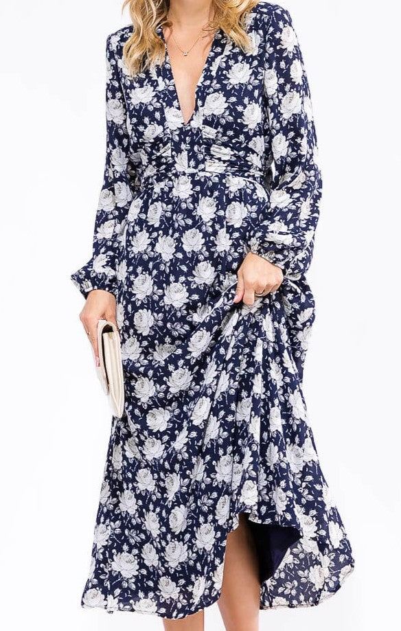 WOMEN'S LONG SLEEVE V-NECK SELF TIE FLORAL MAXI DRESS