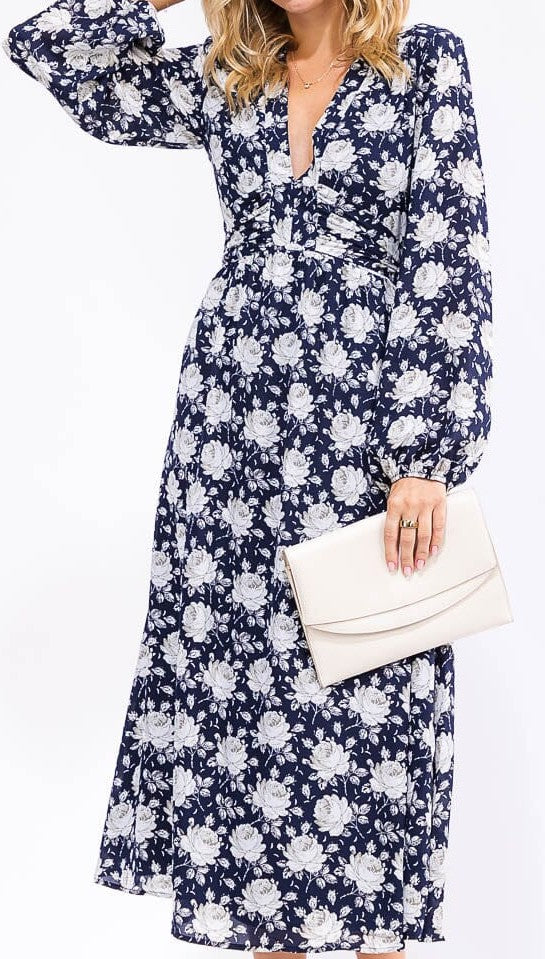 WOMEN'S LONG SLEEVE V-NECK SELF TIE FLORAL MAXI DRESS