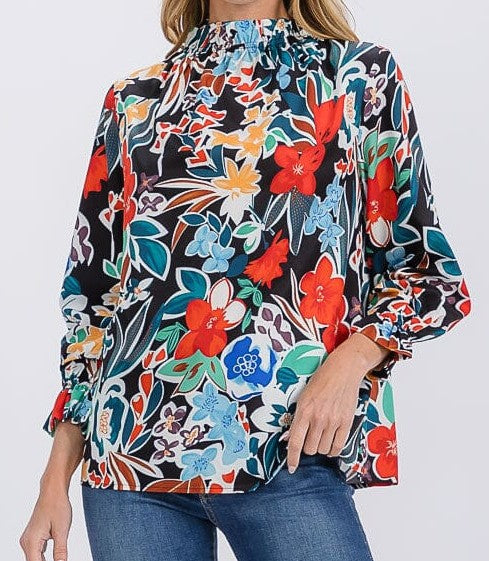 WOMEN'S 3/4 SLEEVE MOCK NECK FLORAL BLOUSE