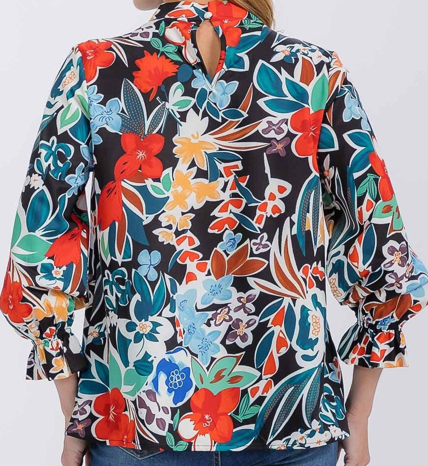 WOMEN'S 3/4 SLEEVE MOCK NECK FLORAL BLOUSE