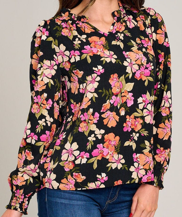 WOMEN'S LONG SLEEVE V-NECK RUFFLE HIGH-LOW FLORAL BLOUSE