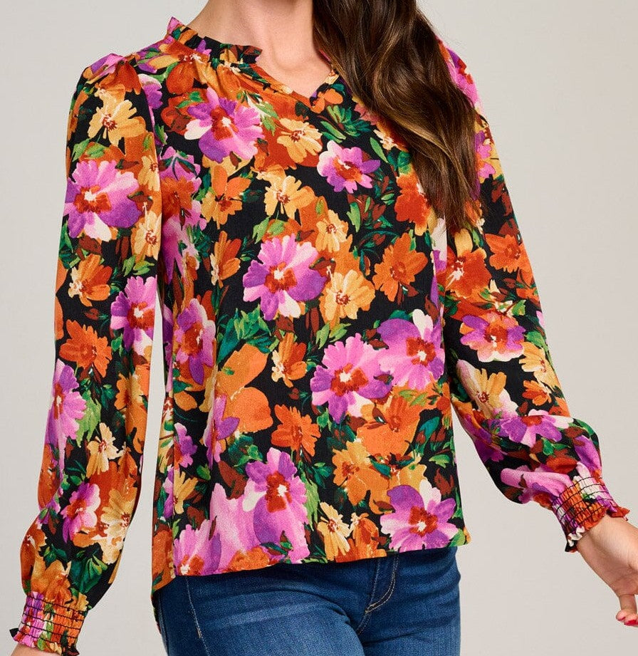 WOMEN'S LONG SLEEVE V-NECK RUFFLE FLORAL BLOUSE
