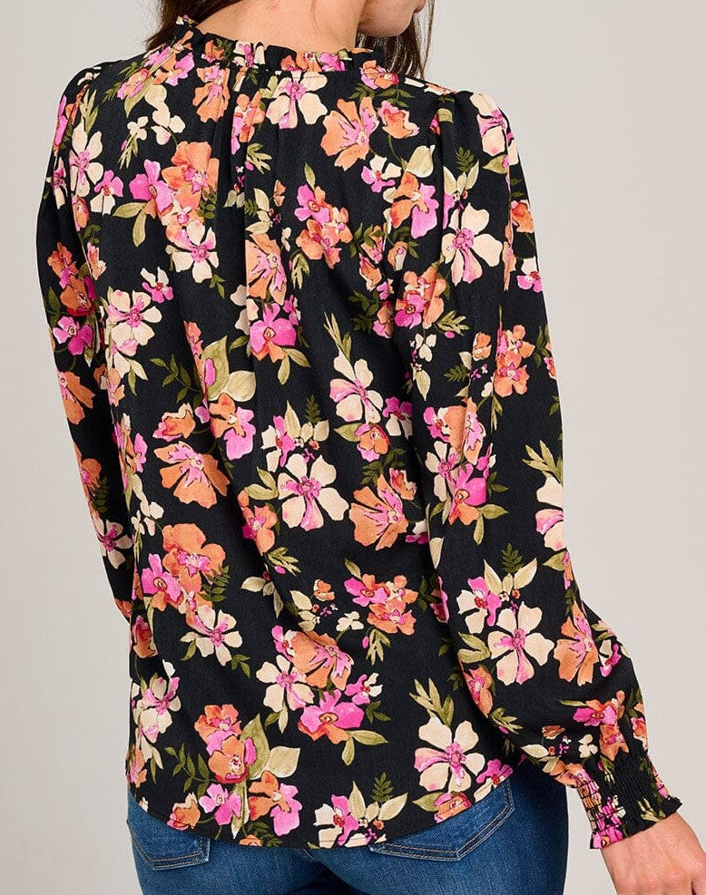 WOMEN'S LONG SLEEVE V-NECK RUFFLE HIGH-LOW FLORAL BLOUSE