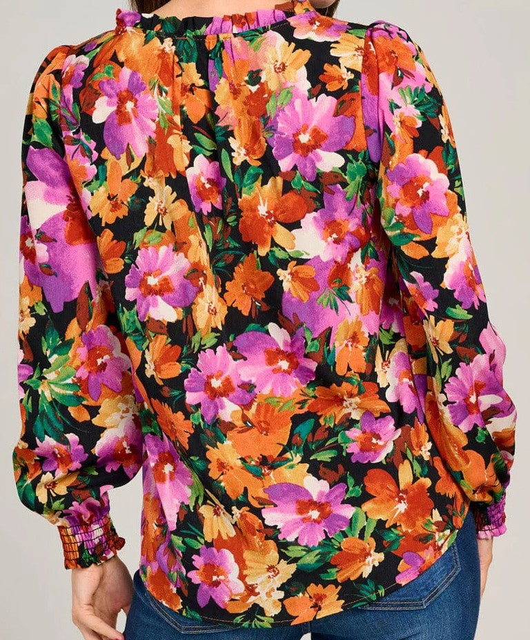 WOMEN'S LONG SLEEVE V-NECK RUFFLE FLORAL BLOUSE