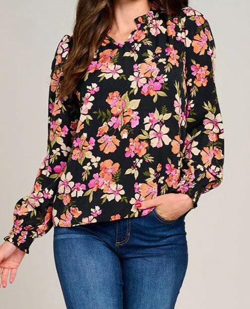 WOMEN'S LONG SLEEVE V-NECK RUFFLE HIGH-LOW FLORAL BLOUSE