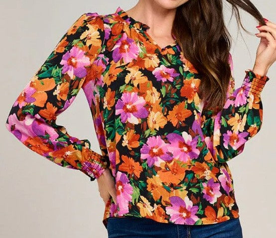 WOMEN'S LONG SLEEVE V-NECK RUFFLE FLORAL BLOUSE