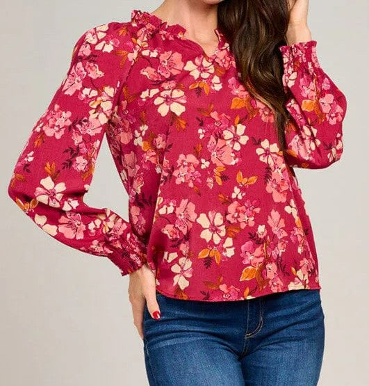 WOMEN'S LONG SLEEVE V-NECK RUFFLE HIGH-LOW FLORAL BLOUSE