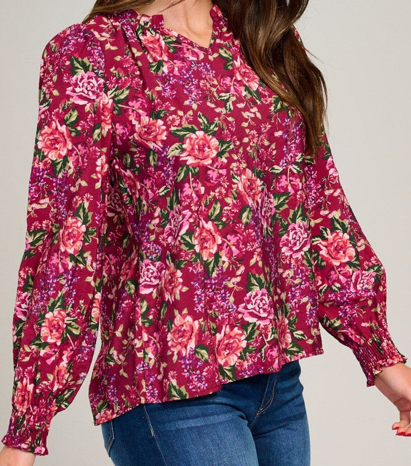 WOMEN'S LONG SLEEVE V-NECK RUFFLE FLORAL BLOUSE