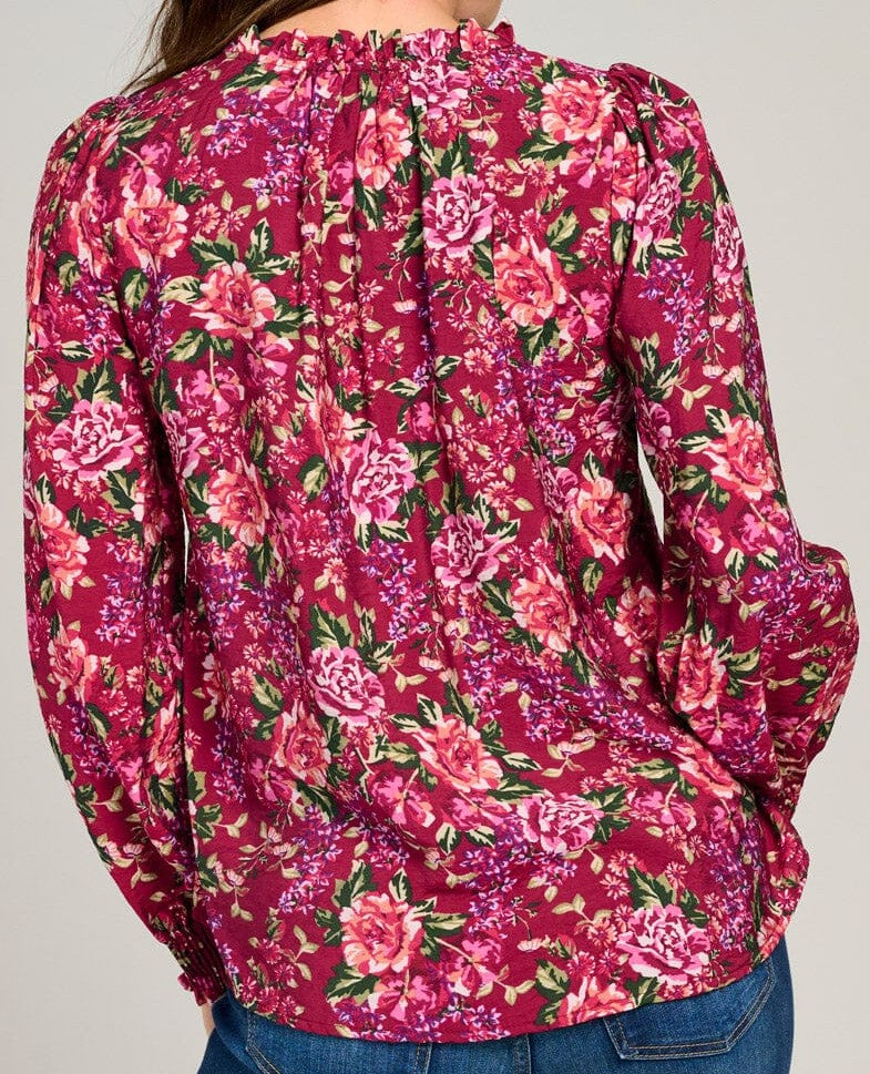 WOMEN'S LONG SLEEVE V-NECK RUFFLE FLORAL BLOUSE