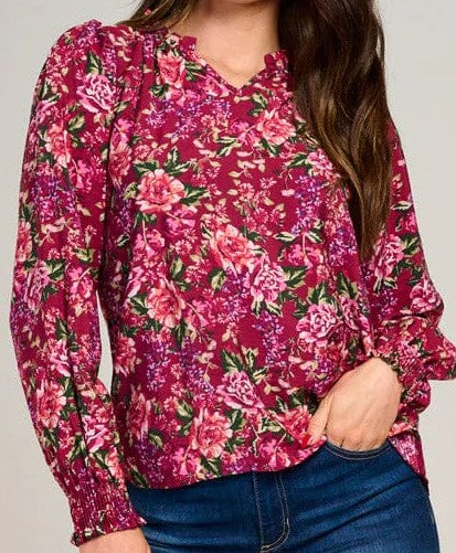 WOMEN'S LONG SLEEVE V-NECK RUFFLE FLORAL BLOUSE