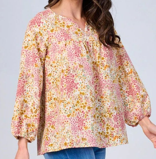 WOMEN'S LONG SLEEVES V-NECK FLORAL BLOUSE