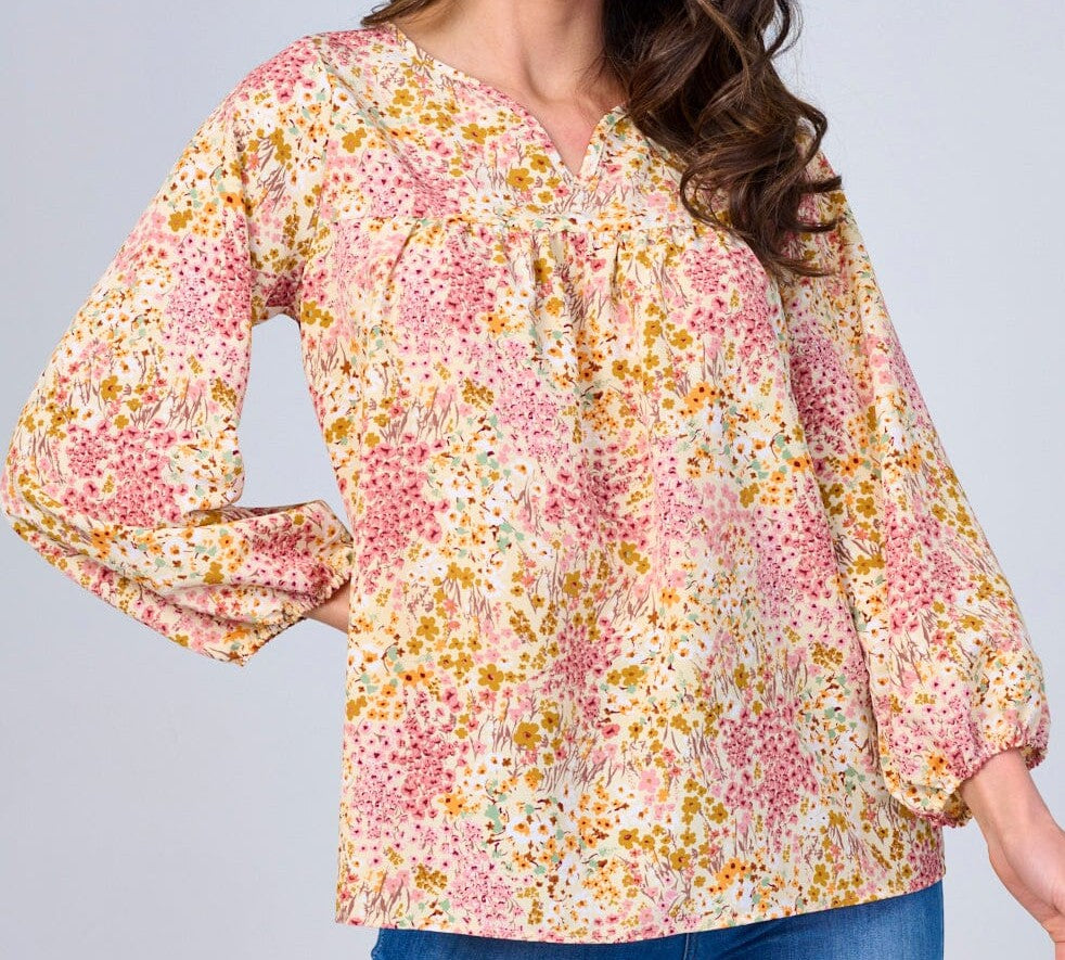 WOMEN'S LONG SLEEVES V-NECK FLORAL BLOUSE
