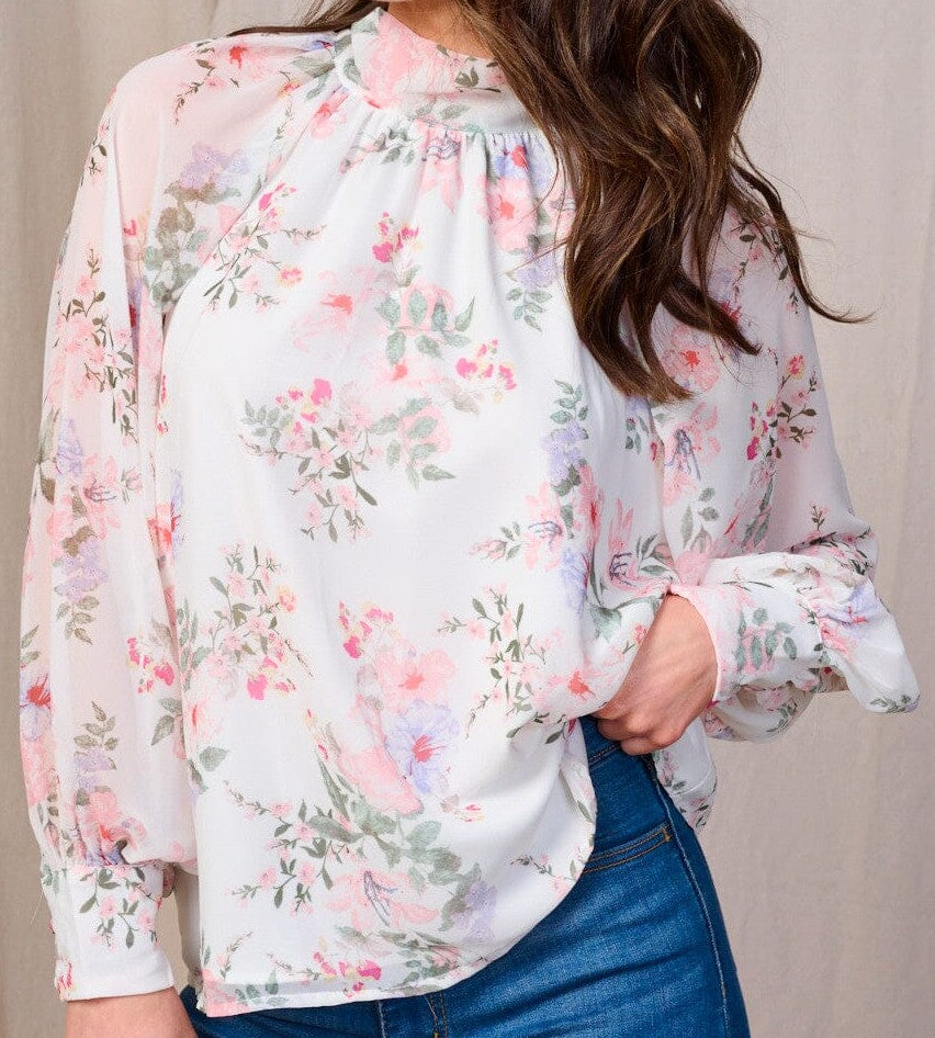 WOMEN'S LONG SLEEVE MOCK NECK FLORAL BLOUSE